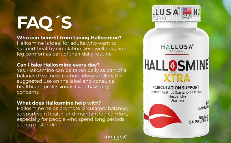 HALLUSA NATURAL HALLOSMINE XTRA 180 Capsules + FREE Veins Cream Diosmin Horse Chestnut Hesperidin Circulation Vein Health Support Supplement