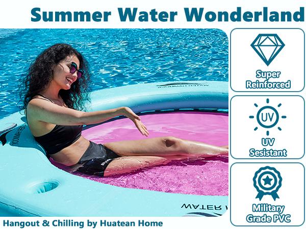 【Summervibes】Sun Chill 6FT/8FT/10FT Round Inflatable Water Hammock for Lake Beach Party, Heavy Duty Floating Dock Platform with Mesh, Fun for Adults & Kids Ages 3+, Inflatable Float Ring Raft for Pool & Lake Summer Party