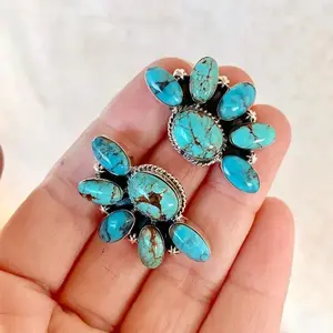 Light Luxury Fashion Bohemian Style Retro Versatile Style Geometric Flower Inlaid Imitation Turquoise Exaggerated Exquisite Trendy Earrings