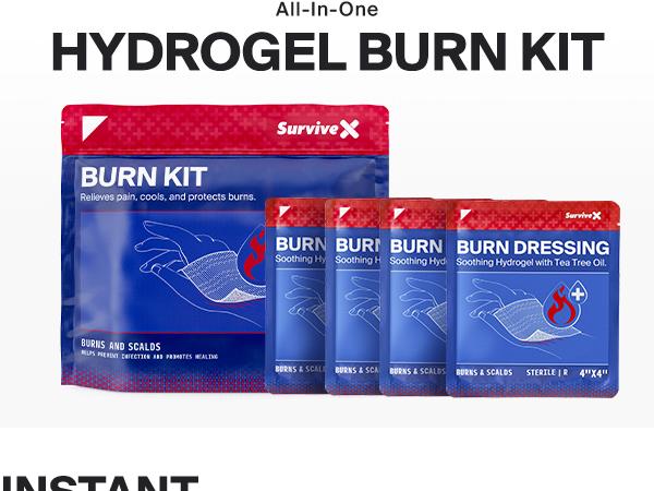 SURVIVEX Burn Dressing Kit with Tea Tree Oil - Hydrogel Burn Pads, Cooling Gels, Non-Adhesive Dressings & Gauze - Complete First Aid for Instant Cooling, Soothing & Relief