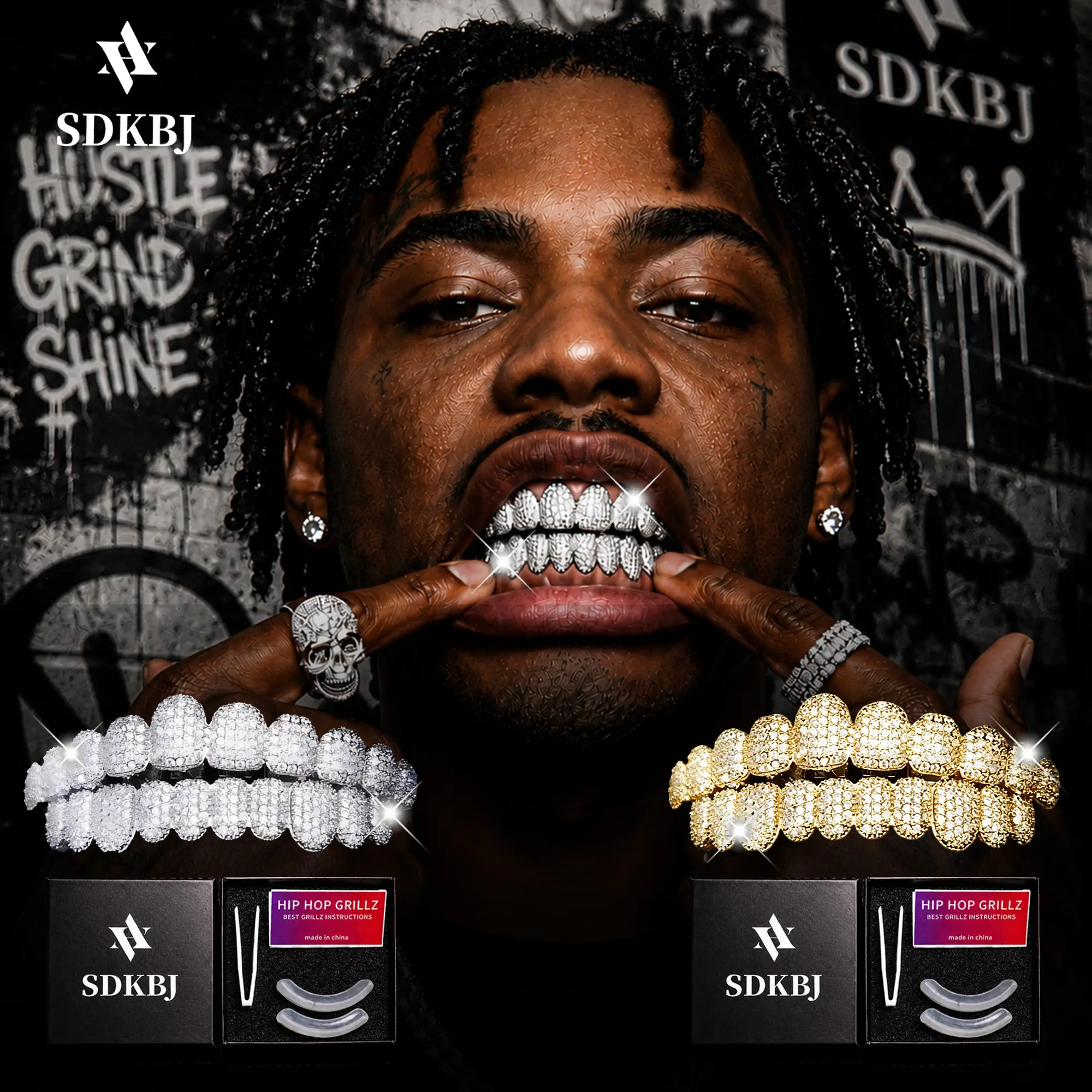 SDKBJ Hip Hop Iced Out Cubic Zirconia Teeth Grillz for Men & Women, Non-Custom Fit Silicone Dental Jewelry, Sparkling Tooth Caps, Party, Nightclub & Cosplay Rapper Accessories, Hypoallergenic, Do Not Use Fixing Bar Above 180°F (82°C)