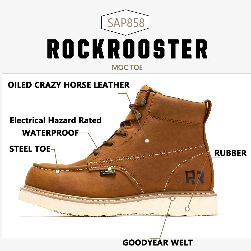 ROCKROOSTER Edgewood Steel Toe  Waterproof Shoes Men's 6-Inch Brown Work Boots for Men Footwear, Slip-Resistant Walking Shoes Closed Creeper Leather Boy SpringStatements