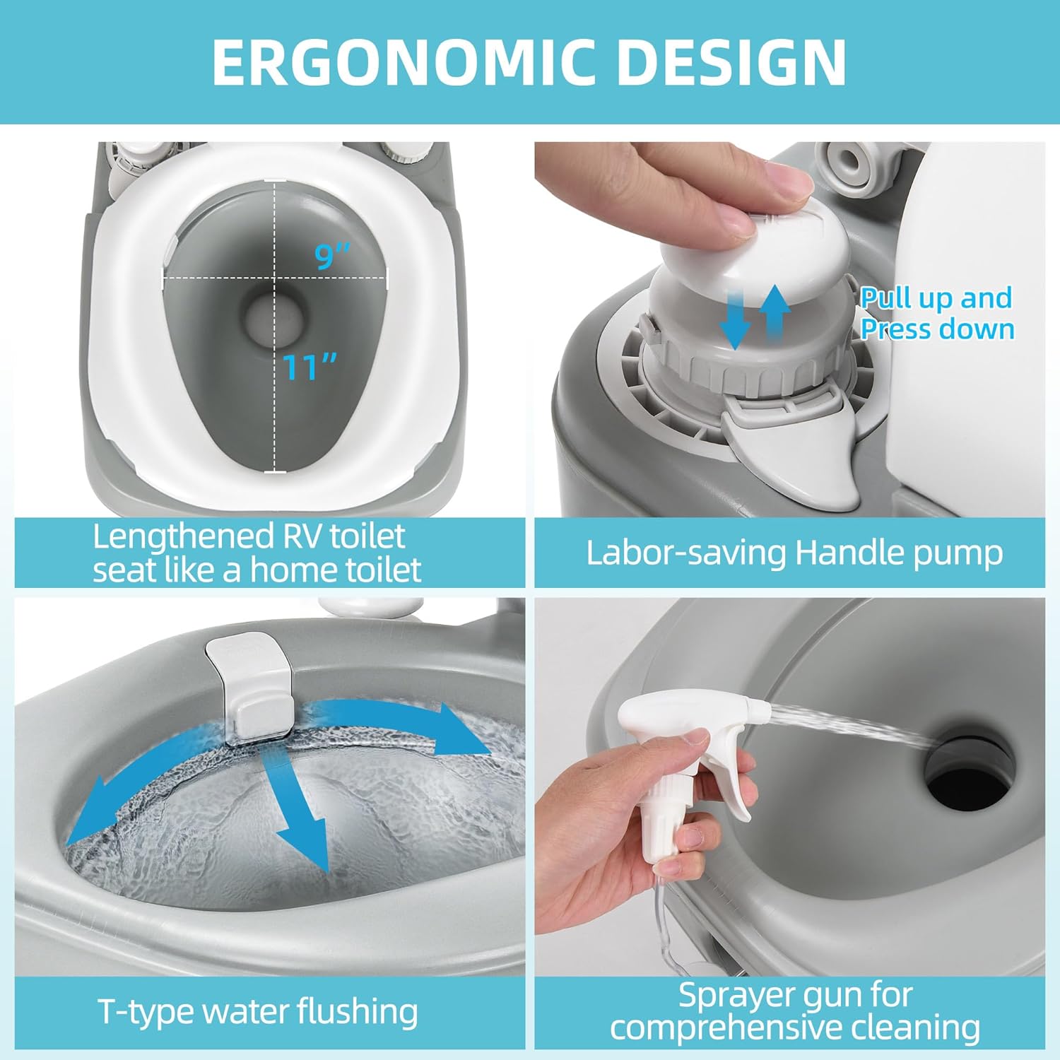 YITAMOTOR Portable Toilet 5.8 Gallon Camping Porta Potty with Sprayer & Handbag RV Toilet with Handle Pump Level Indicator for Motorhome Travel Car Boat Indoors & Outdoors