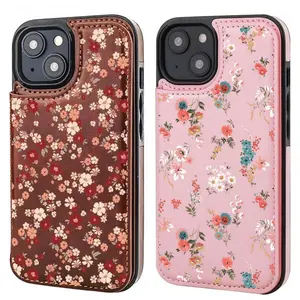 Vintage Floral Wallet Phone Case - Leather Card Holder Shockproof ForiPhone 16 Pro Max, 15, 14, 13 + Samsung S25 Ultra, S24 Ultra, S23 FE Phone Case # PBKHUA1