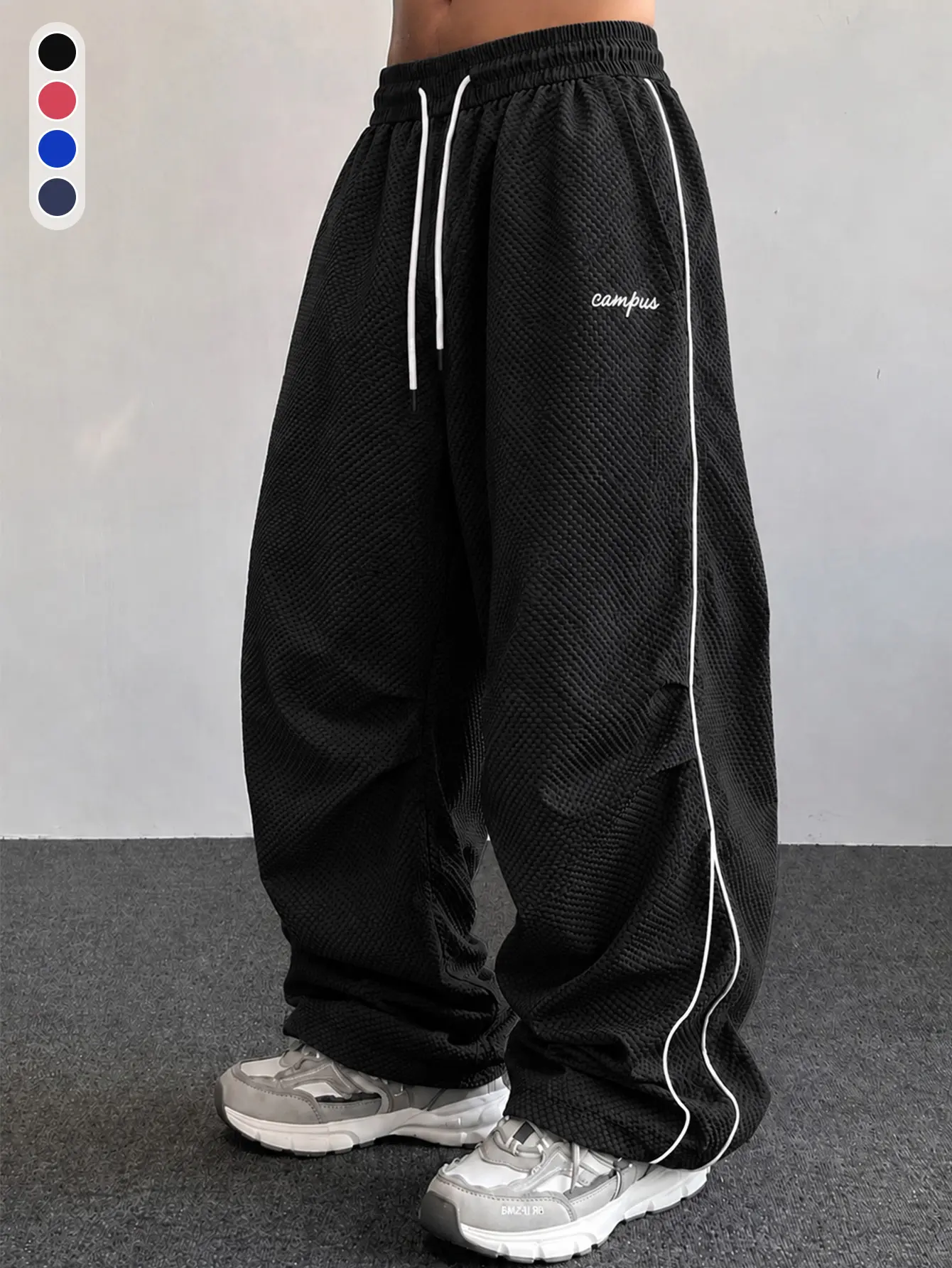 Men’s American street-style wide-leg pants with contrasting lines, elastic waistband with drawstring, casual long pants, mature commuter style, suitable for all seasons