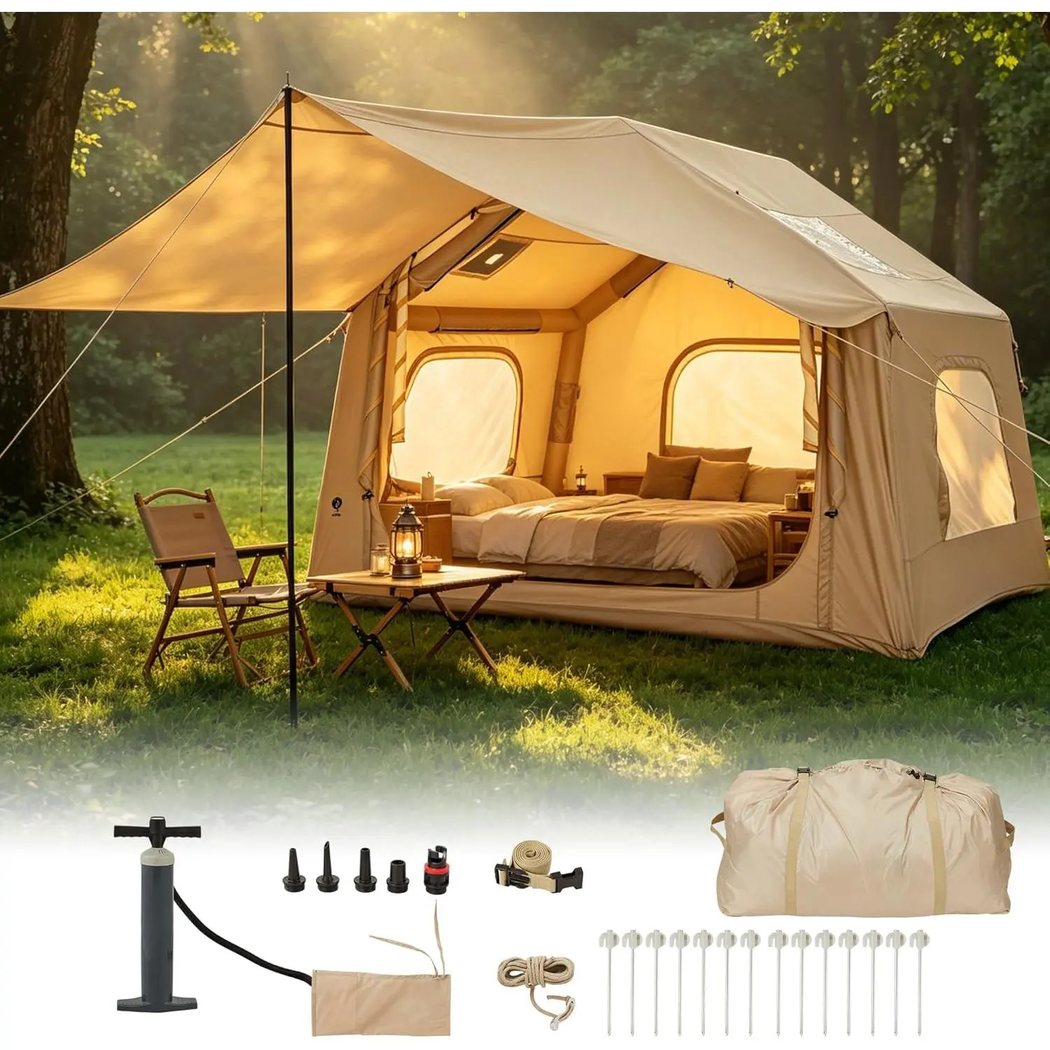 Garvee Quick Setup Inflatable Camping Tent for 6 Adults with Skylight and Canopy – Spacious Outdoor Shelter – Easy Presentation – Large Size – 8 Square Feet