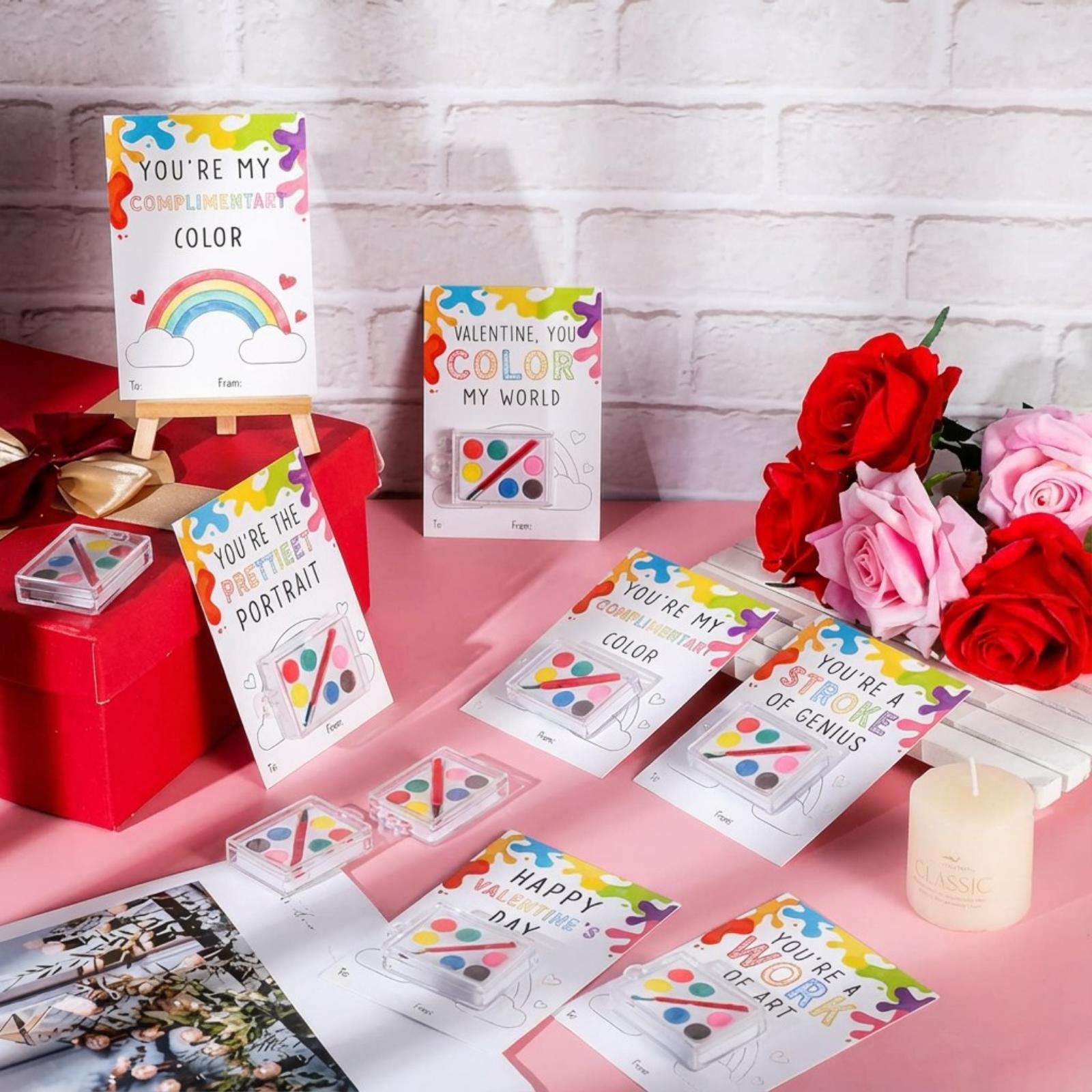 18/50 Pcs Valentine's Mini Watercolor Paint Cards Sets Kids Valentine's Art Gift Includes Valentines Gift Painting Cards  Brush Paint Sets with Adhesive Dots for School Classvalentines teacher students Party Gifts