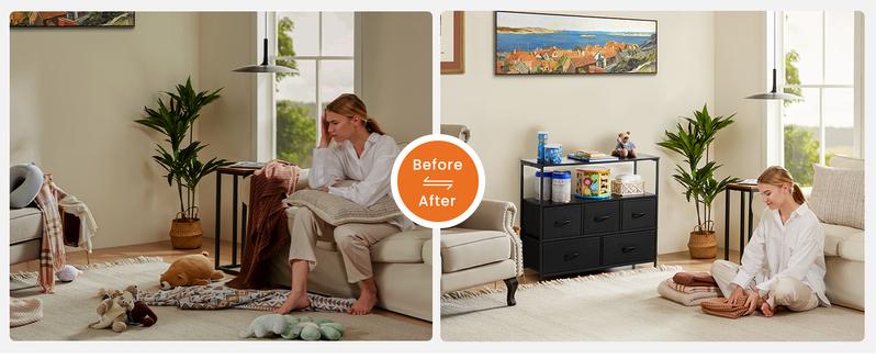 Dresser TV Stand, Entertainment Center with 5 Fabric Drawers, Media Console Table for TV with Open Storage Shelf Dresser