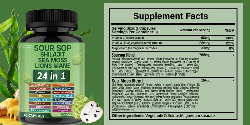 FRCOLA SOURSOP 24 IN 1 Supplements- Soursop, Shilajit, Sea Moss, Lion Mane All in One Diary supplement, Healthcare, Boost Immune, Vitamin