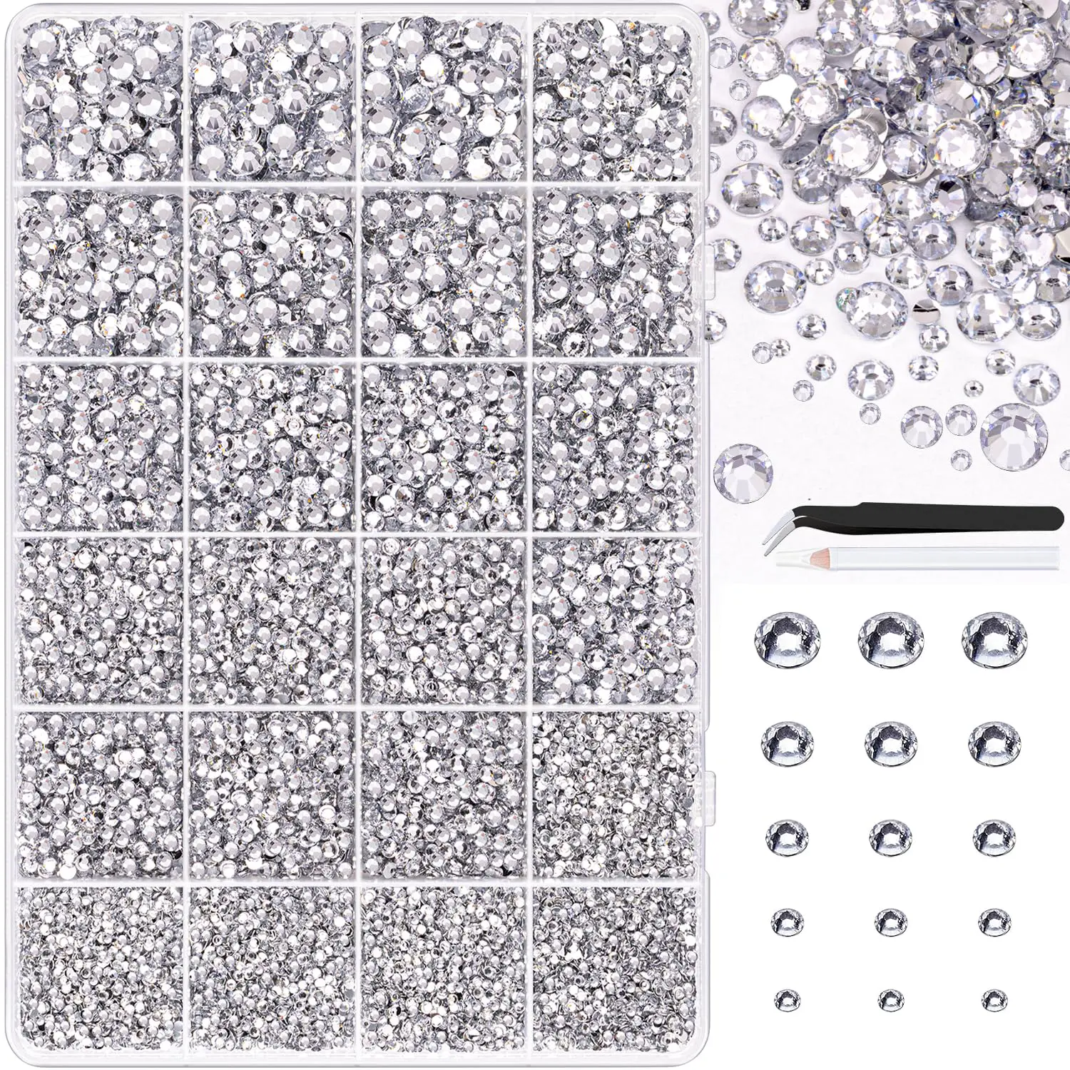 30000Pcs Resin Rhinestones for Bedazzling, Silver Clear Flatback Gems for Diamond Art, Crystal Bedazzler Kit with the tools for Nail Art Crafting Clothing Book Makeup