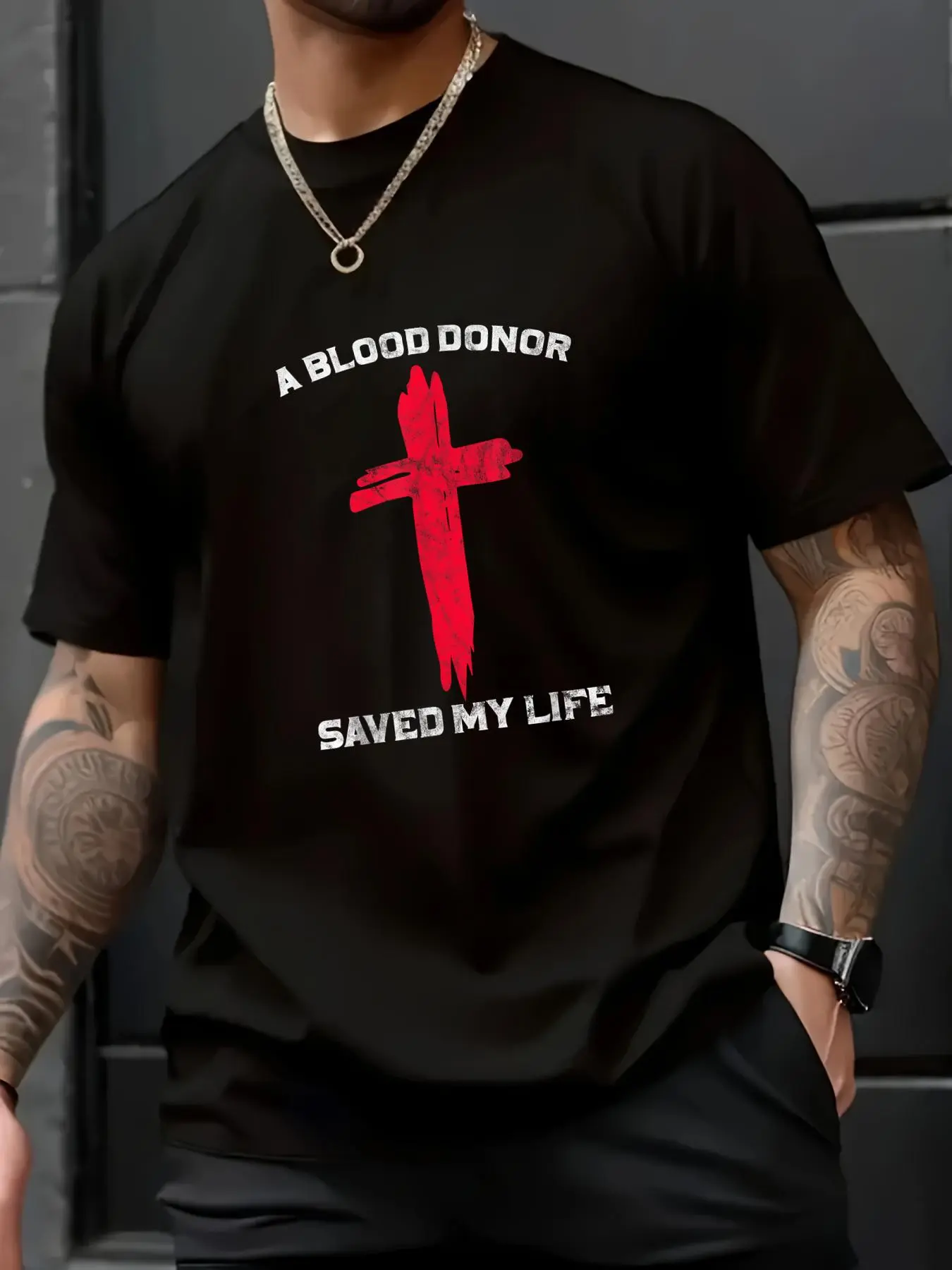Men's Christian Blood Donor Graphic T-Shirt, Soft 100% Cotton Loose Tops with Short Sleeves, Casual Everyday Menswear, Jackets
