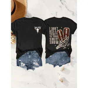 Women Skeleton Cowboy Boots Graphic T Shirt Halloween Casual Crew Neck Tee Lightweight Black Short Sleeve Top Relaxed Fit Machine Washable Concert Attire