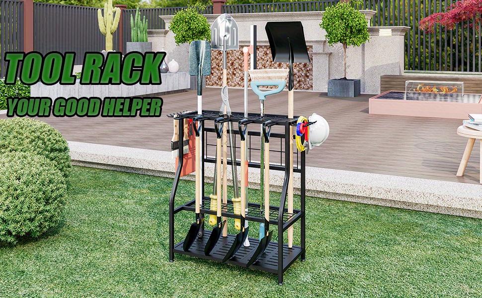 Garden Tool Organizer Holder Heavy Duty Steel Rack Up to 60 Long Handled Tools for Garage Shed Outdoor Garden Yard, Standing Shelf
