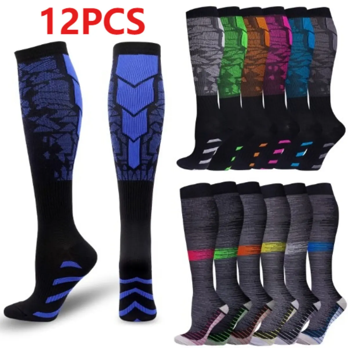 Women's Unisex Design Compression Sports Socks 12-Pack - Long Calf Sleeves, Breathable Moisture-Wicking, Outdoor Running, Sporty Track, Ideal for Stocking Up for the Week, Yoga, Outdoor Running Socks, Sporty Track Socks Athletic Sports Socks High Compress