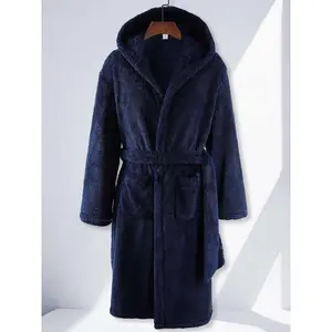 Men's Solid Drop Shoulder Dual Pocket Belted Hooded Bathrobe, Loose Casual Comfy Thermal Robe For Men Daily Home Wear, Men's Sleepwear For Fall & Winter