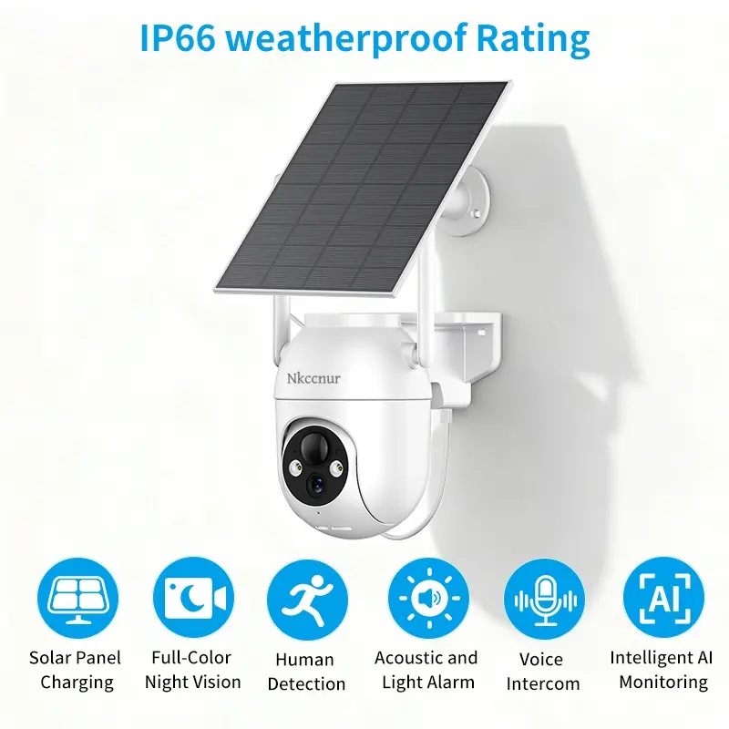 NKCCNUR 1PC outdoor  solar camera, WiFi connection, 1080P , 355° pan/tilt rotation,  night vision, AI intelligent motion detection, supports sound and light alarm, two‑way audio, IP66 waterproof, suitable for home and farm.