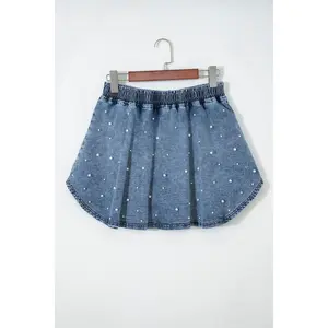 Ashleigh Blue Denim Pearl Embellished Elastic Waist Mini Skort