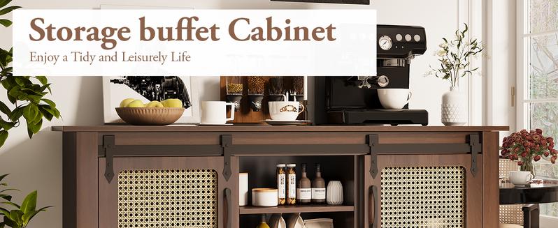 [Clearance Sale] AECOJOY Modern Buffet Cabinet Coffee Bar Storage with Rattan Barn Doors Adjustable Shelves & Bottom Open Shelf for Dining Room Kitchen Hallway