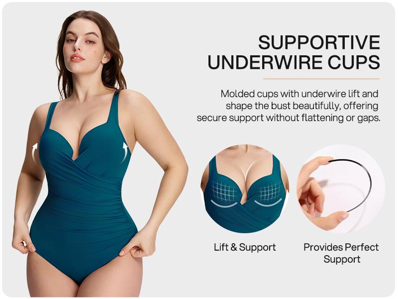 Lilylove 2026 New Women's Plunge Underwire One Piece Swimsuit Ruched Deep V-Neck Sculpting Tummy Control Slimming Snatched Waist Shapewear Bathing Suit Swimwear Swimming Beach