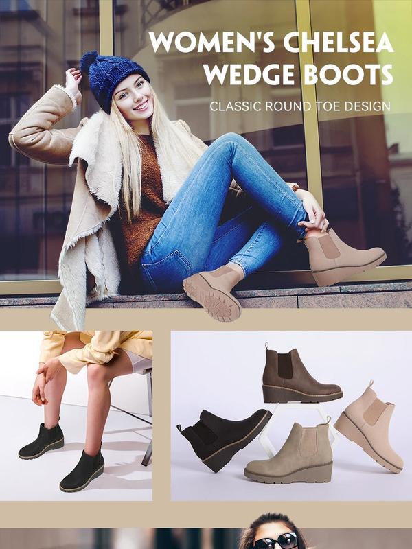 Athlefit Women's Chelsea Wedge Boots Elastic Platform Lug Sole Slip on Wedge Ankle Booties boots  women winter boots Girl Walking Shoes Footwear Pu