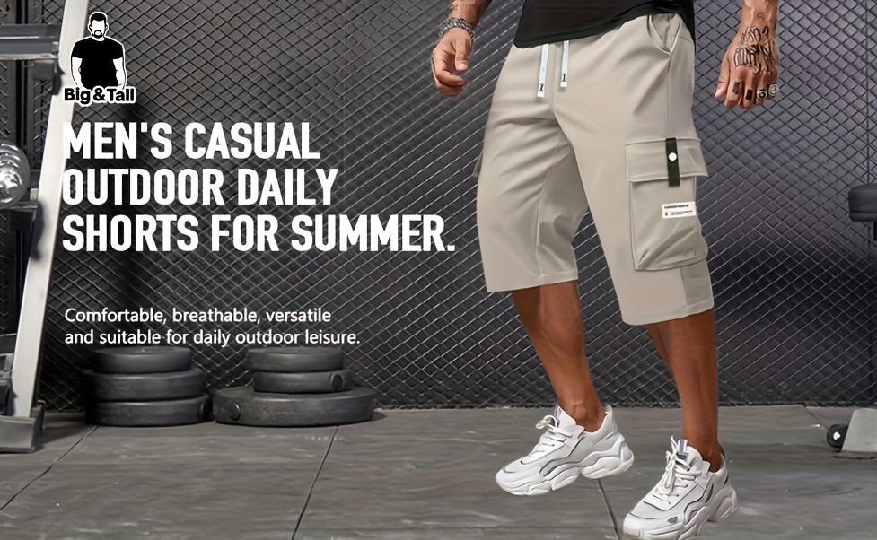 Men's plus size summer work pants - elastic drawstring waist circumference, multiple pockets and letter patches, regular mid waist non elastic fabric, opaque, suitable for daily and casual wear, Father's Day gift casual pants for summer