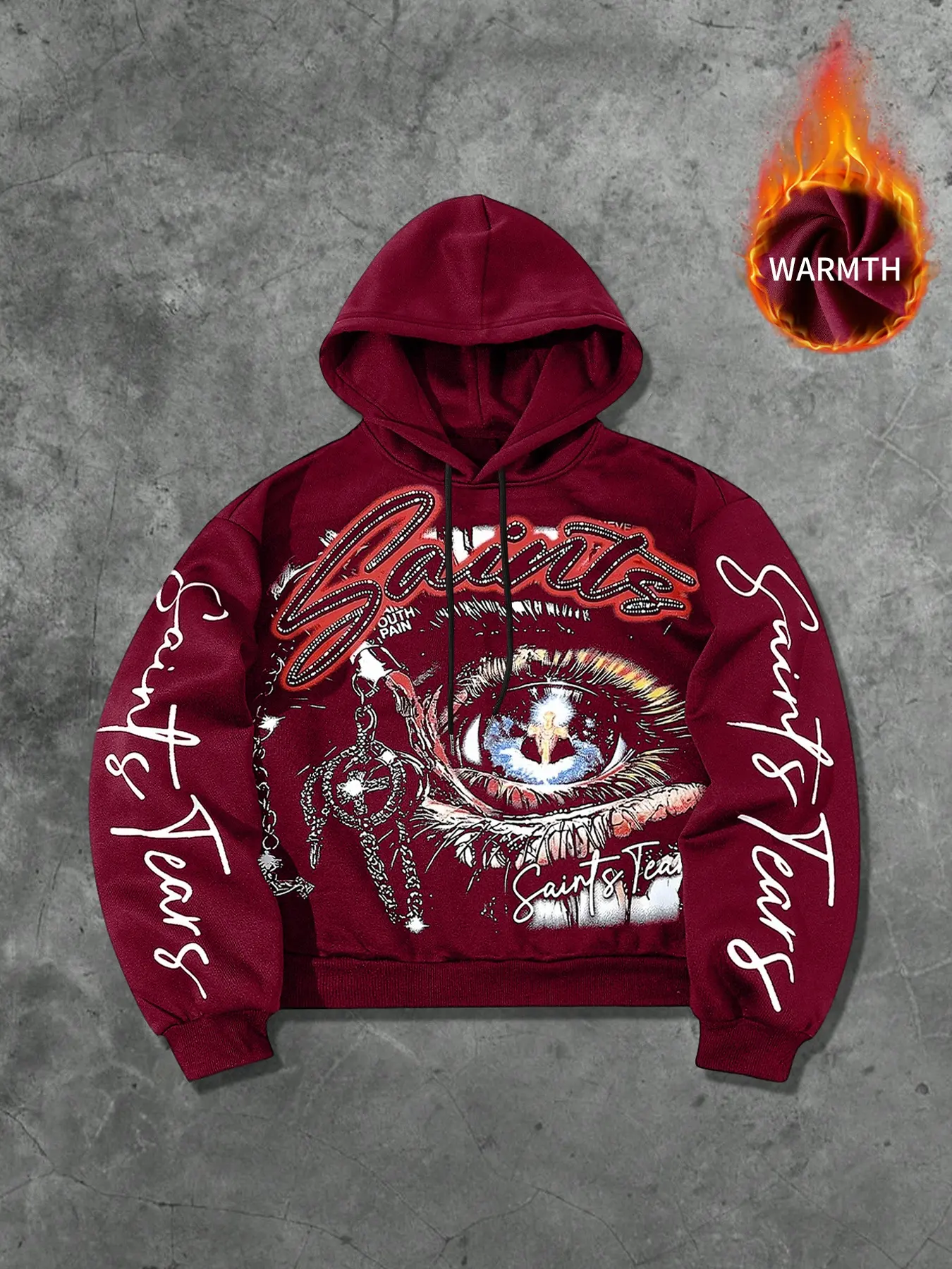 Men's High-End Thick Fleece Hoodie, Retro American Big Eye Print, Streetwear Oversized, Warm and Cozy, Casual Fall & Winter Fashion