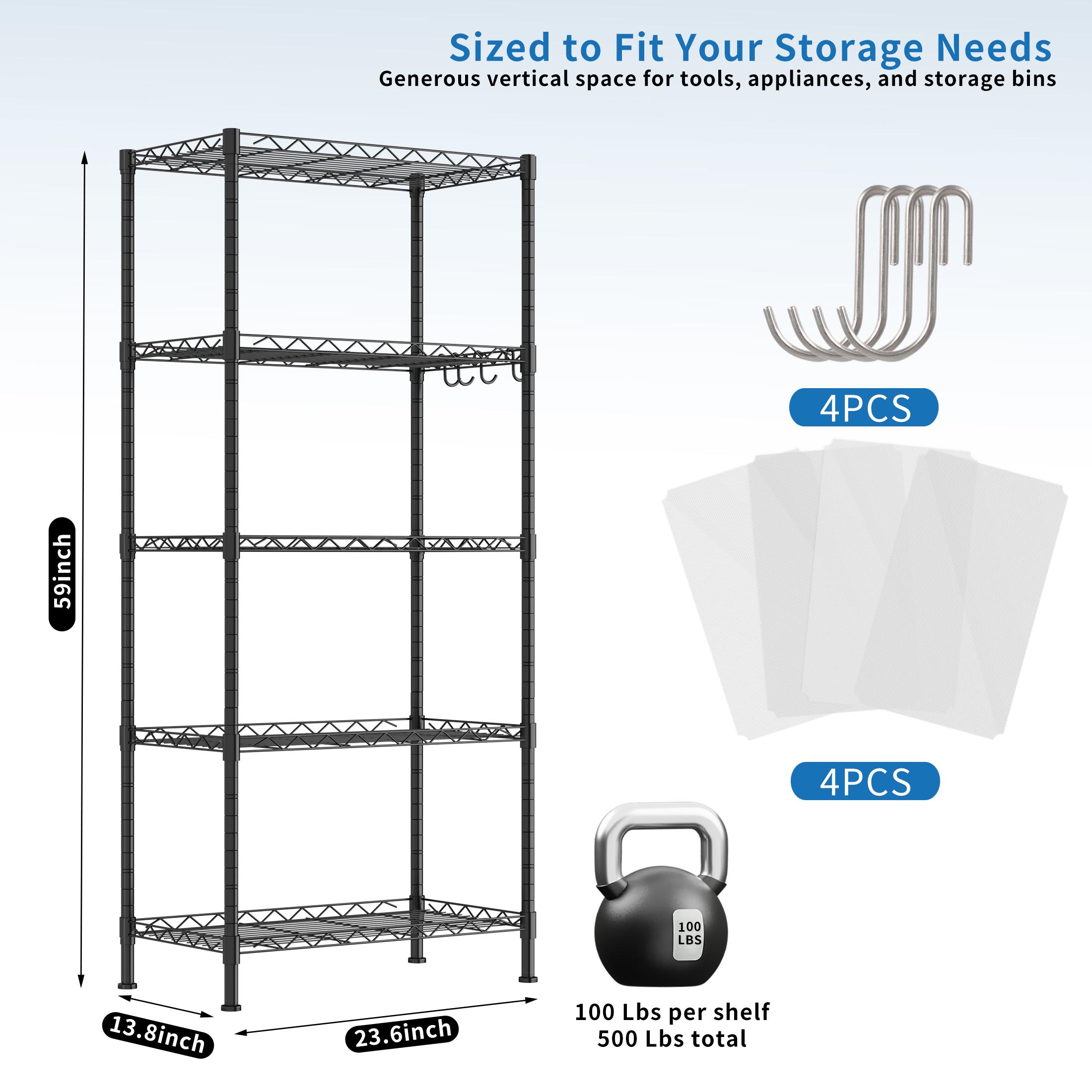 5-Tier Heavy-Duty Metal Wire Shelving Unit, 24”x14”x59” Black Adjustable Storage Rack, Tool-Free Assembly for Garage & Home Organization
