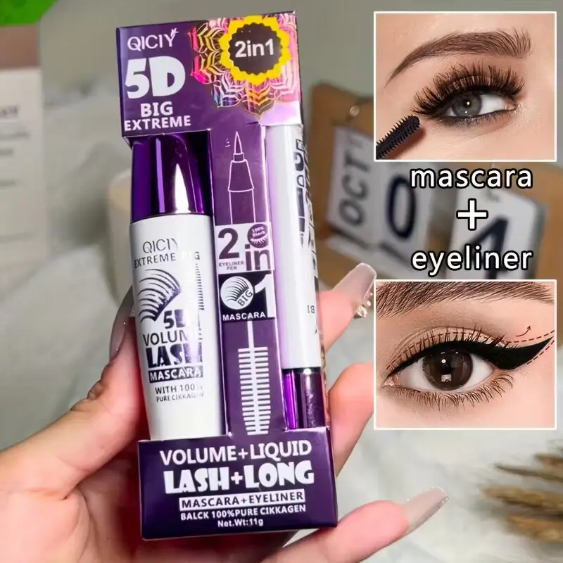 2-in-1 C-Curl Mascara and Eyeliner Set for Dramatic Lashes, 5D Extreme Volume and Lengthening Formula with Waterproof Black Liquid Liner, Brush, Flawless, Cosmetic, Beauty Products, Lash Routine, Lengthening Mascara, Long Lasting Mascara