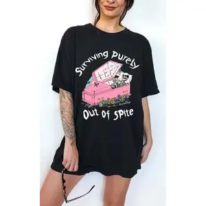 [100% Cotton] Surviving Purely Out Of Spite Graphic Tee – Funny Skeleton Coffin Shirt Pastel Goth Aesthetic Oversized Unisex T-Shirt T-Shirt For Men And Women
