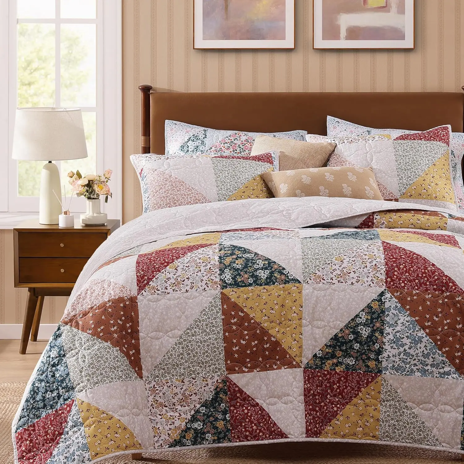 【Summer Sales Deals】Quilt Set 2/3 PCS, Patchwork Burnt Orange Floral Quilt Sets, Reversible Bedspread Lightweight and Breathable for All Seasons, Soft Quilted Bedspread with 1/2 Pillow Shams