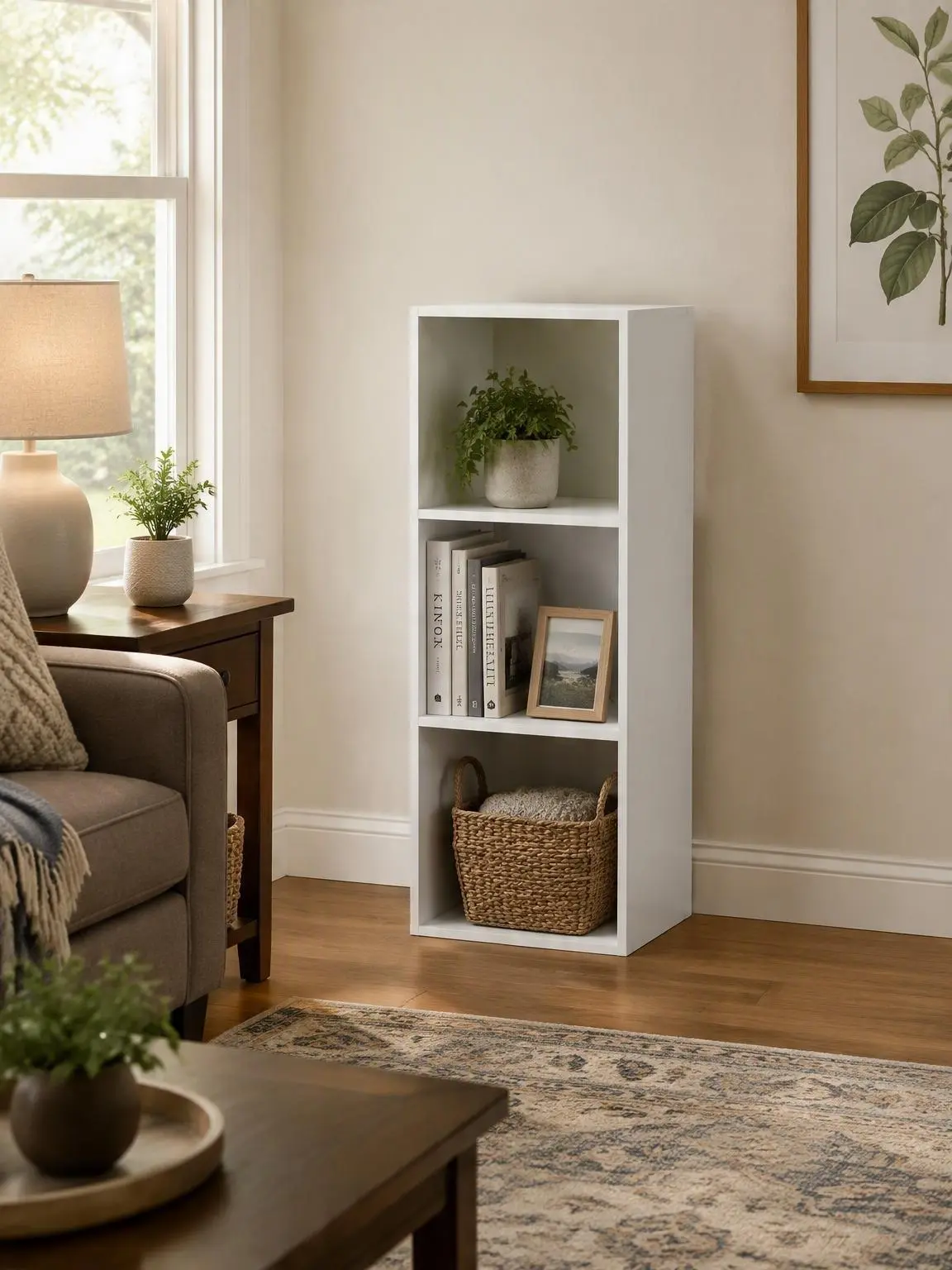 LUDER Minimalist Compact 3-Cube Open Shelf Bookcase - 9.3" D x 12" W x 31.5" H, 3-Tier Book Holder, Easy Assembly, Clean Aesthetic Book Nook, Small Room Ideas Storage for Living Room, Home Office, Room Storage