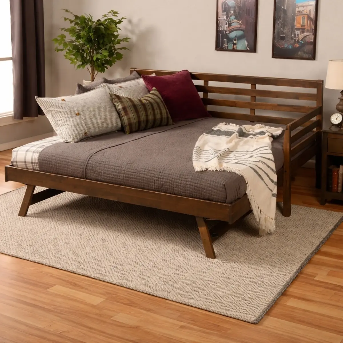 Aobtkel Twin Daybed with Pop Up Trundle, Solid Wood Twin to King Convertible Bed Frame with Rolling Casters, Pull Out Guest Bed, Space Saving Wooden Daybed for Bedroom Living Room Guest Room, Rustic Walnut