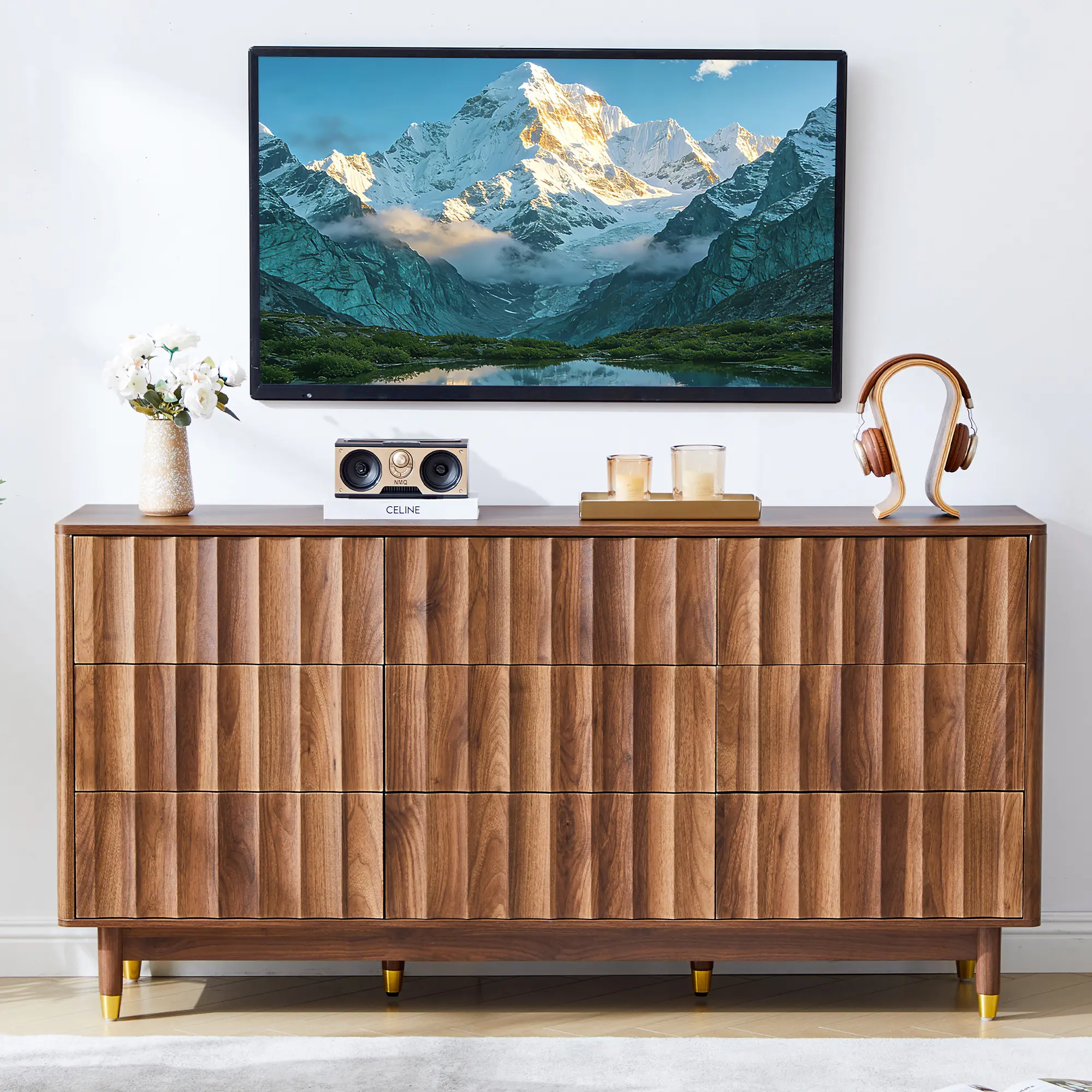 FurSch Mid-Century Modern Fluted Dresser, 9-Drawer Wide Storage Cabinet, 60” Wooden Chest for Bedroom or Living Room