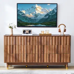 Giratree Mid-Century Modern Fluted Dresser, 9-Drawer Wide Storage Cabinet, 60” Wooden Chest for Bedroom or Living Room