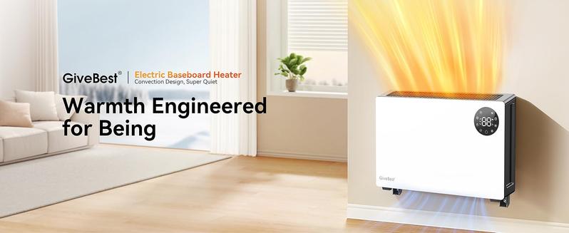 GiveBest Super Quiet Wall Heaters for Indoor Use, Baseboard Design Space Heater, Adjustable Thermostat, Child Lock, 12H Timer, 1500W Easy-mounted Electric Smart Heater for Bedroom Living Room Garage