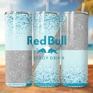 Personalised Baby Blue Red Bull Glossy Tumbler 20oz with Straw | Stainless Steel Skinny Tumbler | Gift For Him And Her