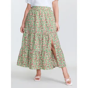 BLOOMCHIC Plus Size Floral Print Split Side Tiered Maxi Skirt [M-6X] 2026 Summer Vibes Swimweek