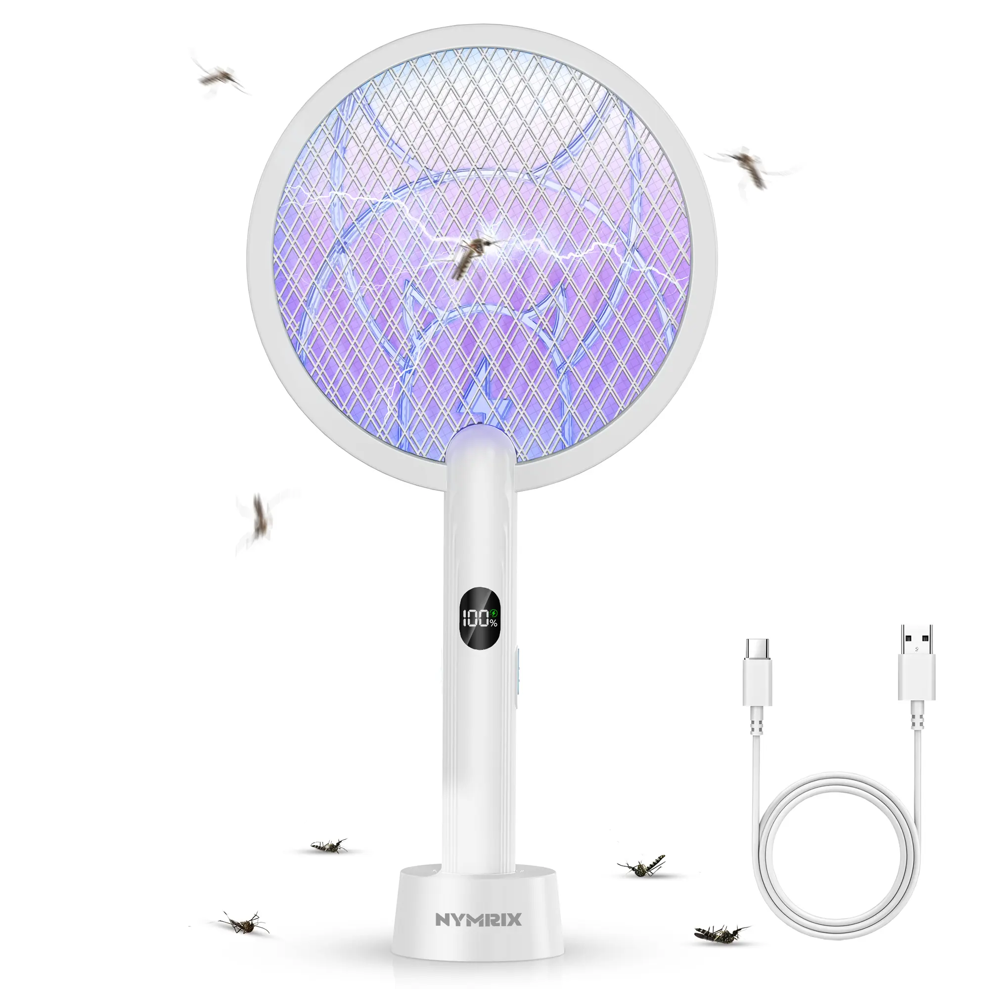 Electric Fly Swatter Bug Zapper - 4100V USB Rechargeable Racket with 1800mAh Battery, Purple Light, Safe Indoor Household Pest Control Tool for Zapping Bugs with Zapper, Mosquito Control Flies, Camping Gear, Summer Home Essential, Fly Zapper Mosquitoes