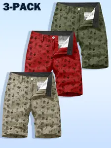 New Men’s Abstract Print Cotton Shorts with Button & Zipper Closure, 3-Pack