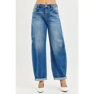 Risen Mid Rise Barrel Leg Double Roll Up Jeans  in Dark Wash