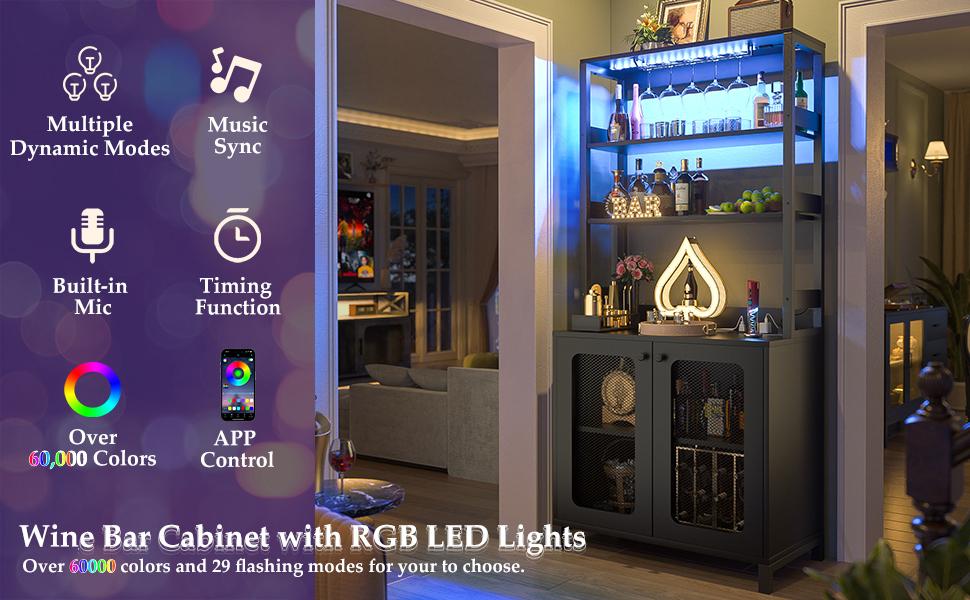 67" Tall Modern Wine Bar Cabinet with RGB LED Lights & Charging Station, Home Buffet Sideboard Cabinet Kitchen Pantry Cabinet with Hutch＆Glass Holder