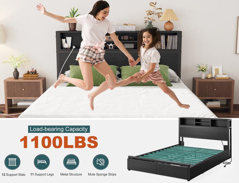 Raybee 6 Drawers Wood Bed Frames for King Queen Full, Luxury Platform Bed Frame with Storage Head Board & Build-in Power Outlet, Holds up to 1000lbs with Metal Frame & Slats, Noise Free, Space Saving for Bedroom