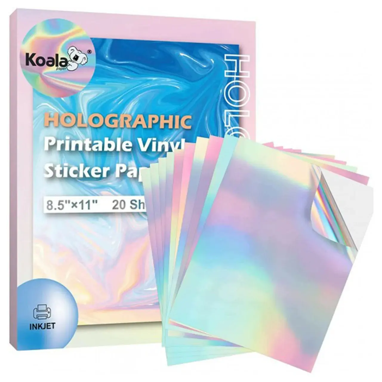 Koala Holographic Vinyl Sticker Paper for Inkjet Printers – 20 Sheets, 8.5x11 Inches, Rainbow Iridescent DIY Stickers, Waterproof & Peel-and-Stick Printable Craft Sheets Artificial