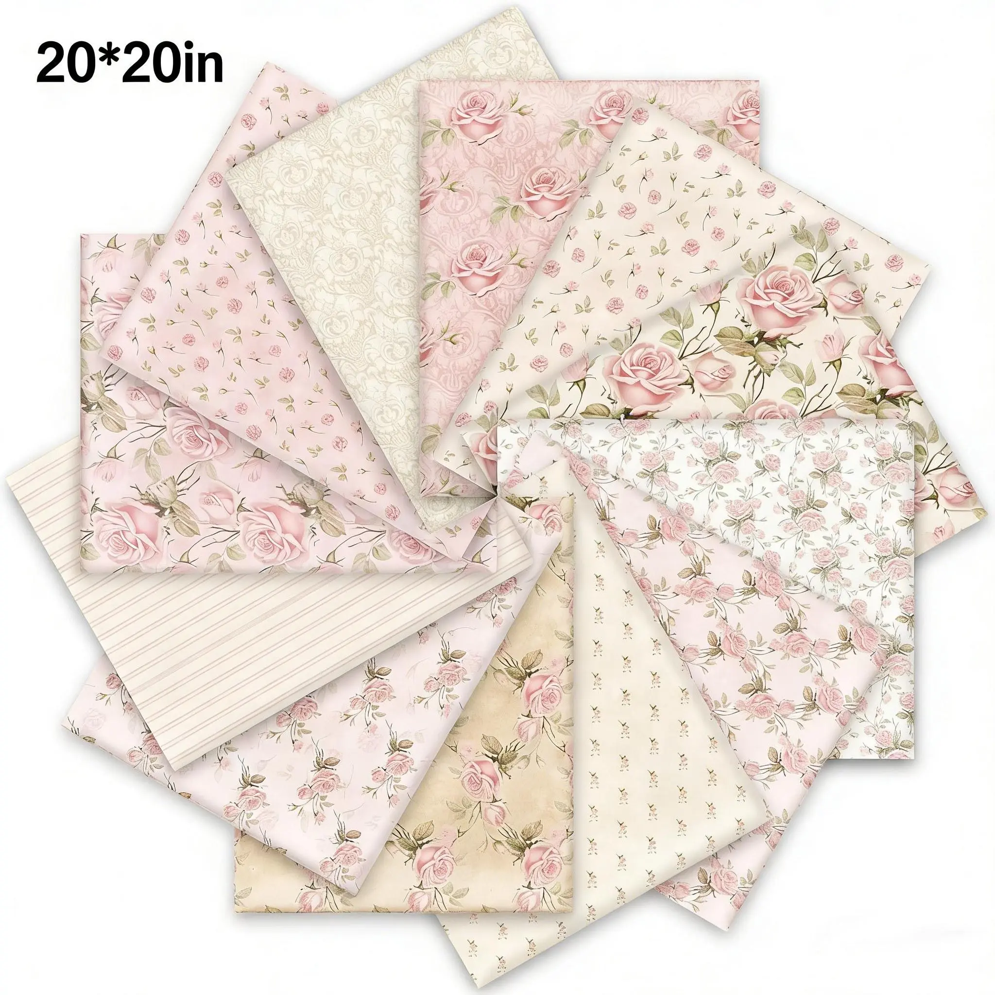 12-Pack Cotton Spring Fabric Bundles, 20x20 in Retro Floral Fat Quarters, Pink Sewing Squares for Car Interior Decoration, DIY Handmade Crafting, Quilting & Creative Stimulation