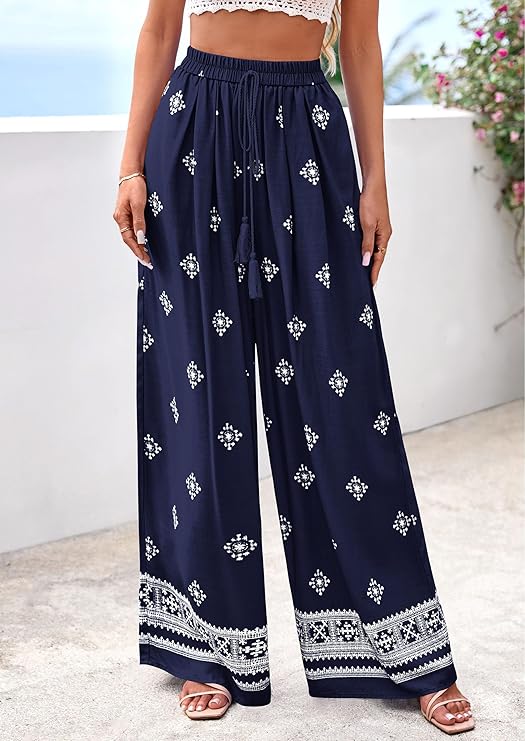 PrettyGarden Women's Wide Leg Palazzo Pants  Summer Boho Floral Trousers Spring Flowy Beach Vacation Clothes Resort Wear