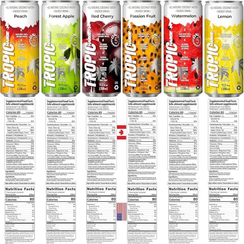Tropicharge 100% Coconut Water Energy Drink with Guarana Extract (24 pack 330ml/6 flavours) - Zero Sweeteners or Added Sugar - All Natural - Passion Fruit, Forest Apple, Red Cherry, Lemon, Peach, Watermelon