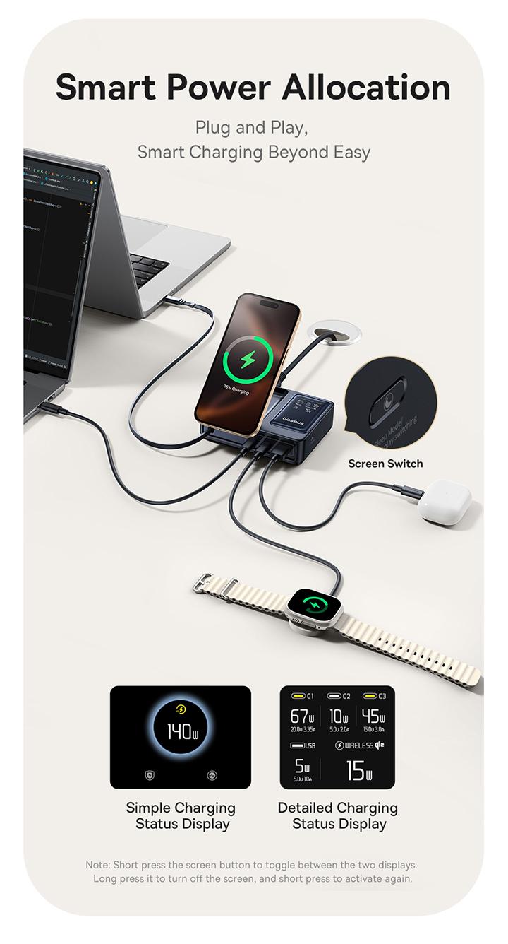 Baseus NOMOS 5-in-1 Desktop Charger 3C+U 140W US Qi2 Wireless Charging+Retractable Cable+Digital Display Baseus NOMOS 5-in-1 Desktop Charger 3C+U 140W US Qi2 Wireless Charging+Retractable Cable+Digital Display