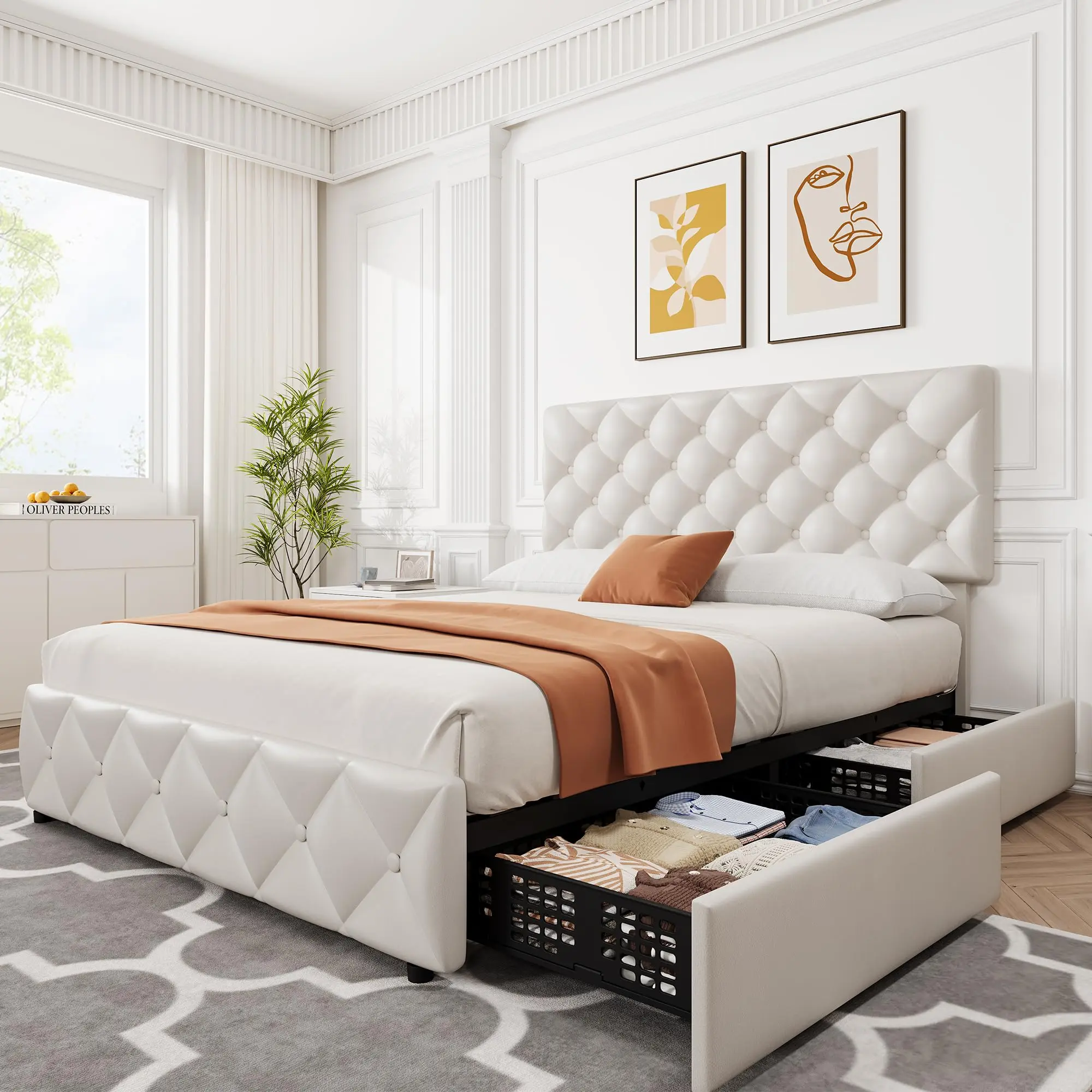 Garvee Linen Upholstered Platform Bed Frame with 4 Storage Drawers, Headboard and Footboard Options, Wooden Slat Support, Diamond Stitched Button Tufted Design, No Box Spring Needed, Available in Queen, Full, and King Sizes, Multiple Colors, Main Room, Pl