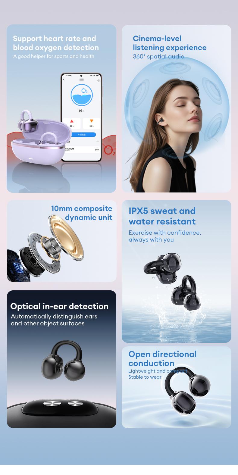 HYUNDAI Hbuds Bluetooth Heart Rate Earphones, supporting heart rate and blood oxygen detection, equipped with optical in ear detection, IPX5 waterproof and sweat proof, very suitable for outdoor sports