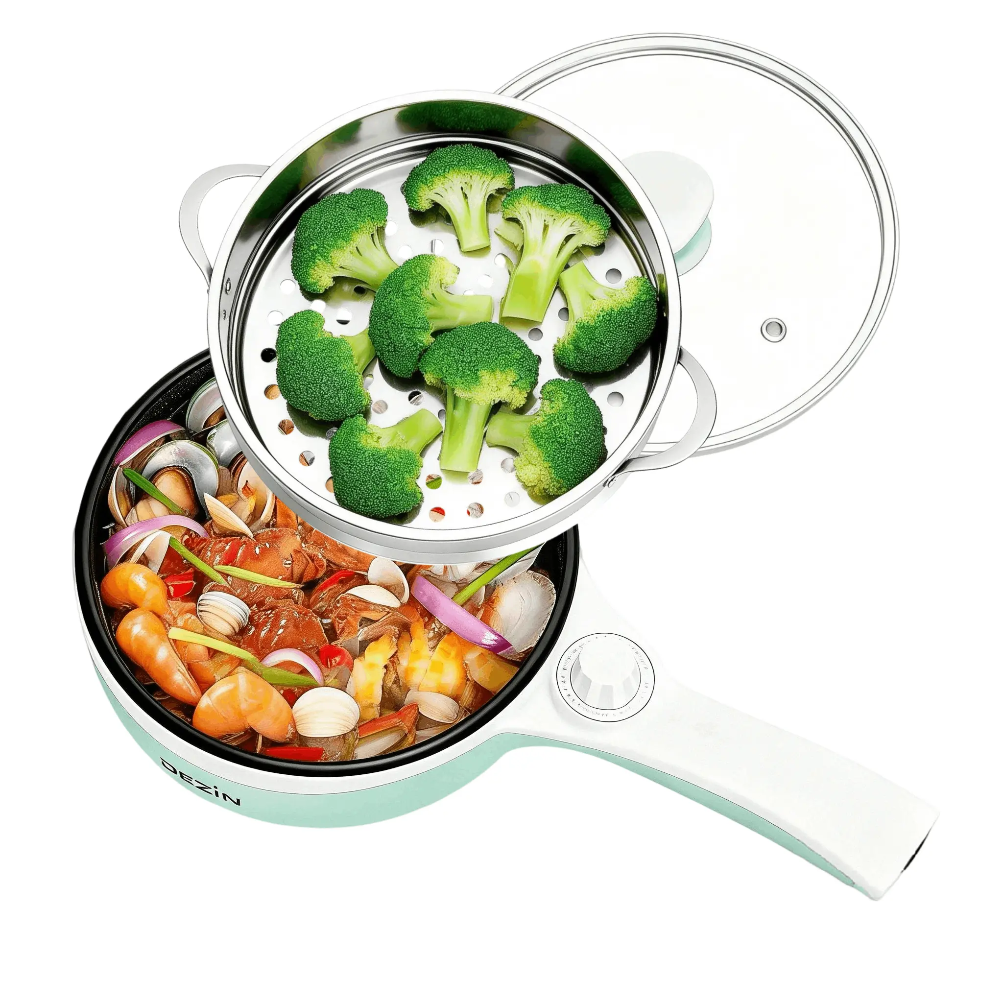 Dezin Electric Pot Cooker Non-Stick Sauté Pan Mini Fondue for Cheese Stir Fry Roast Steam with Power Adjustment Perfect for Ramen Steak Pink Egg Rack Included Kitchen Appliances 200W & Above